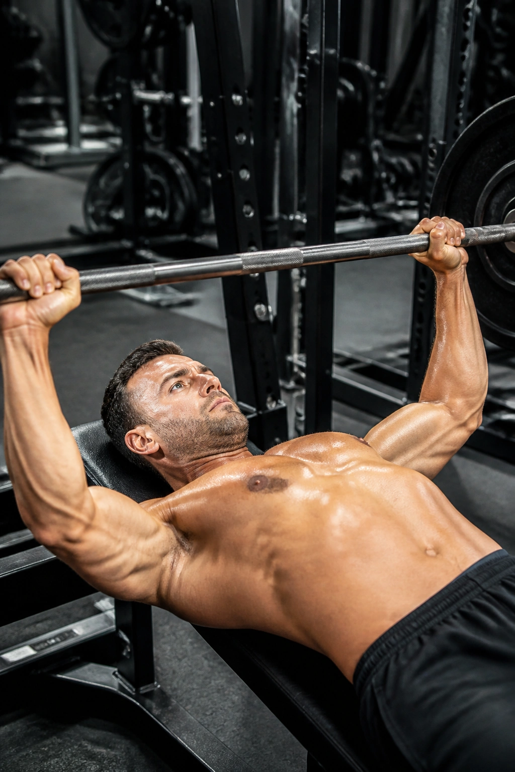 Person performing a bench press focusing on chest and shoulders