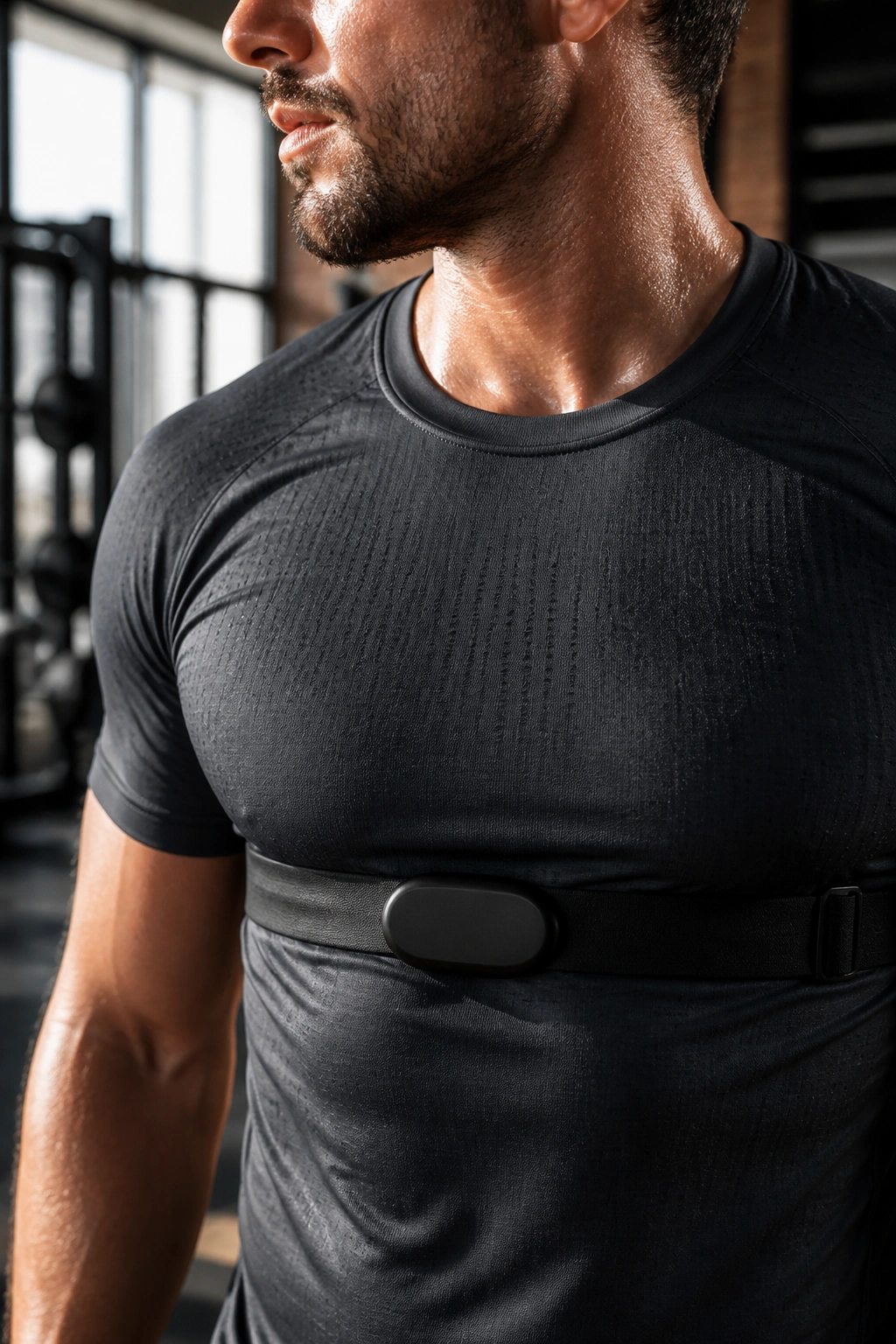 Close-up of chest with chest strap heart-rate monitor visible on athletic person