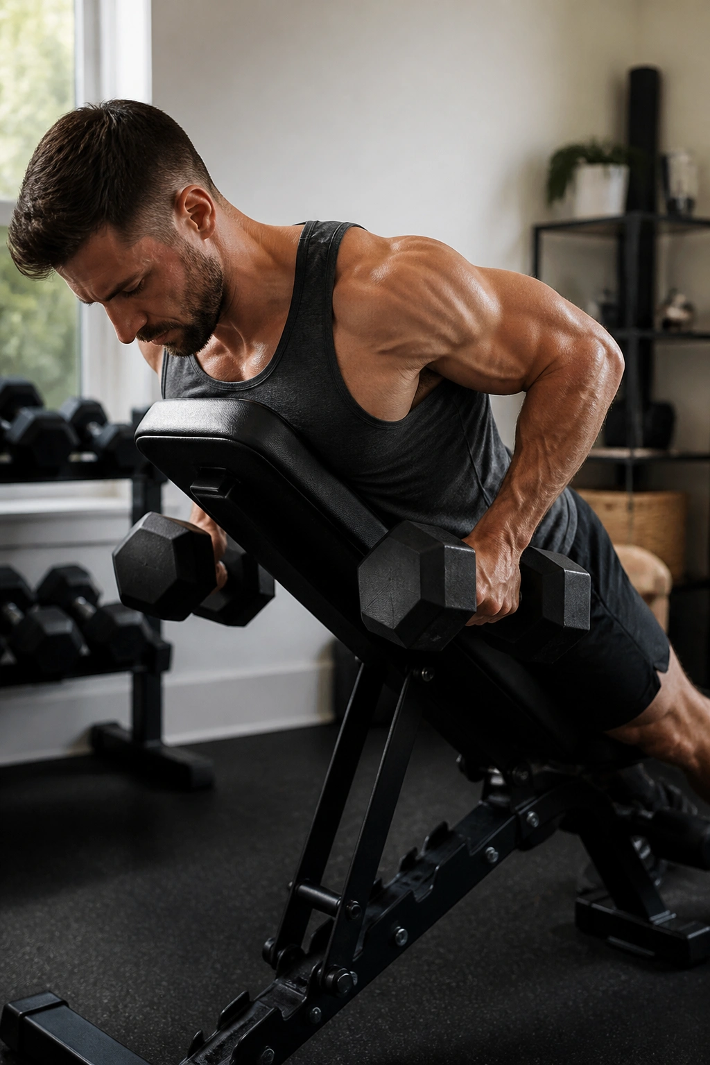 Person performing chest-supported dumbbell row on incline bench at home