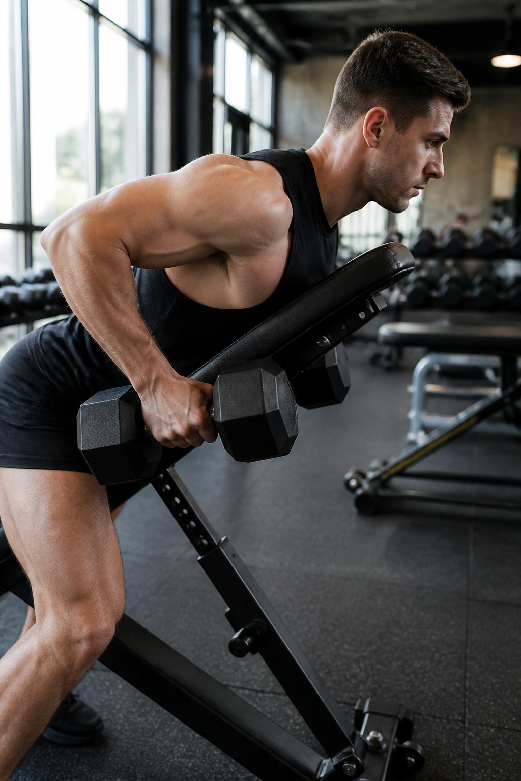Close-up of a person performing chest-supported dumbbell rows in a gym, highlighting upper back engagement