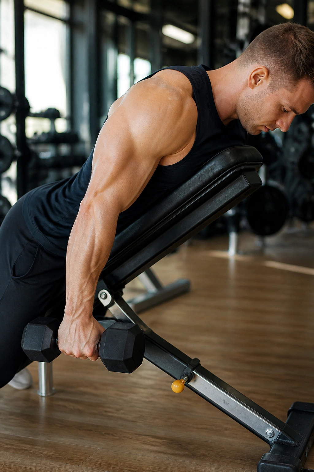 Close-up of a person performing chest-supported kickback on incline bench with elbow tucked and dumbbell extended