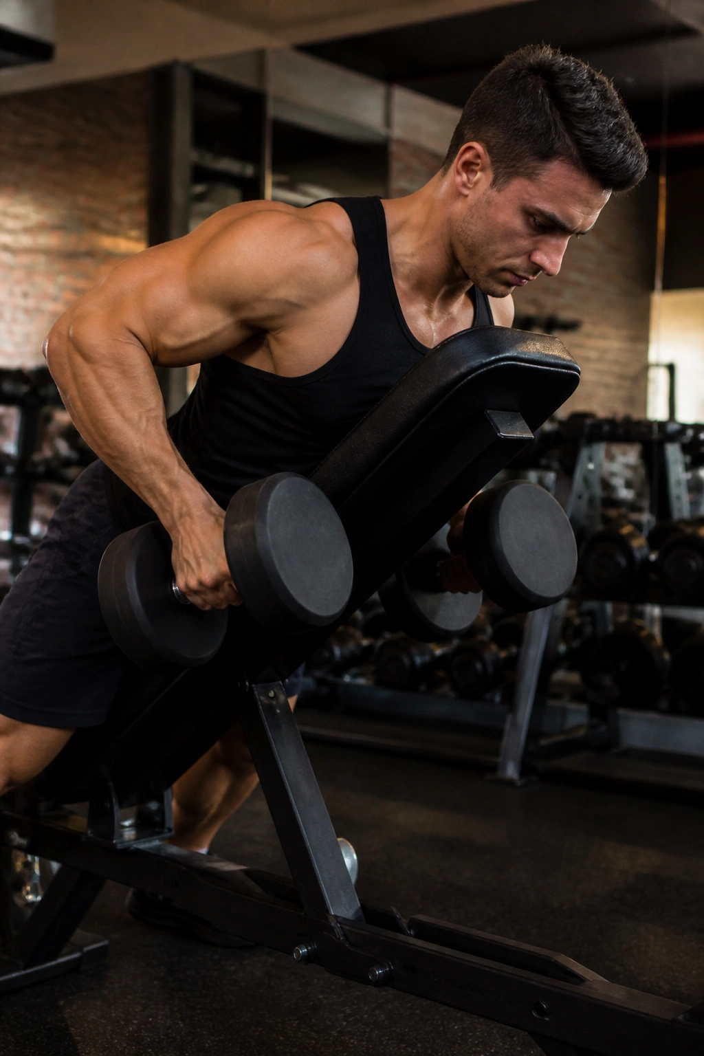 Chest-supported dumbbell row on an incline bench in a gym