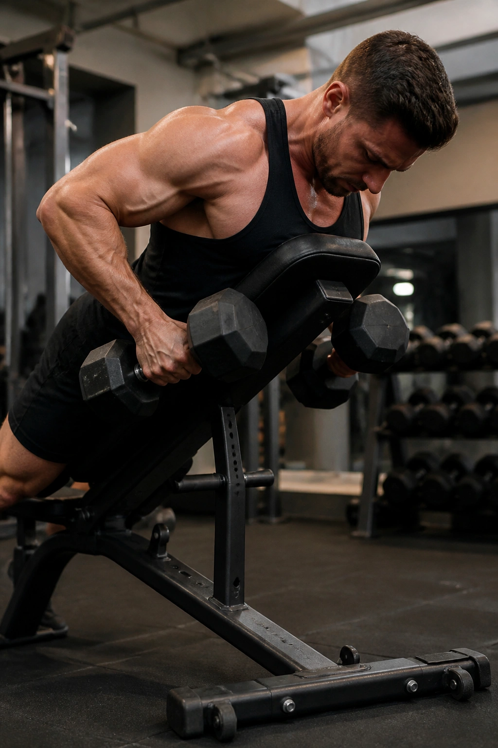 Person performing chest-supported row on incline bench to build upper back.
