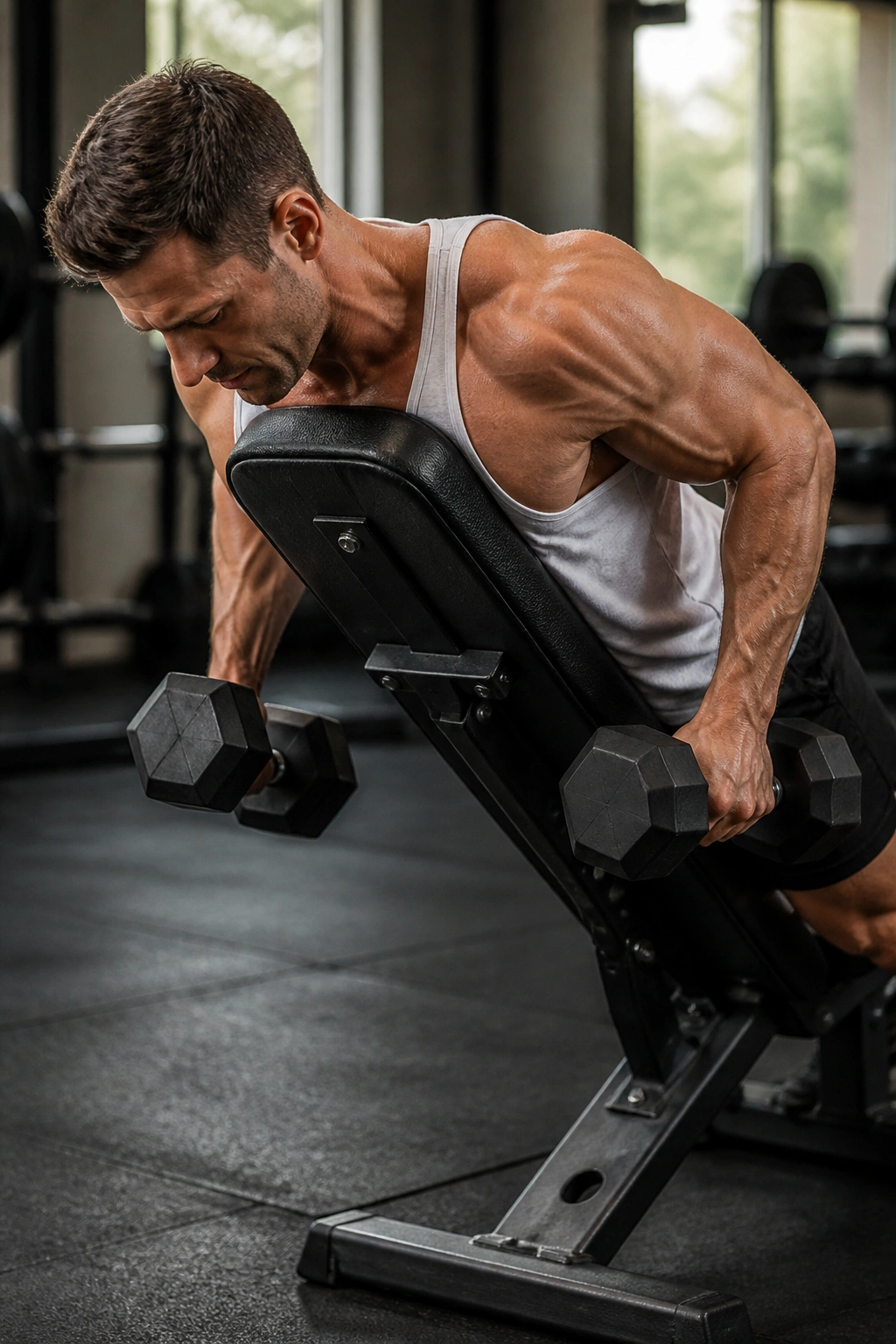 Person performing chest-supported row on incline bench in gym