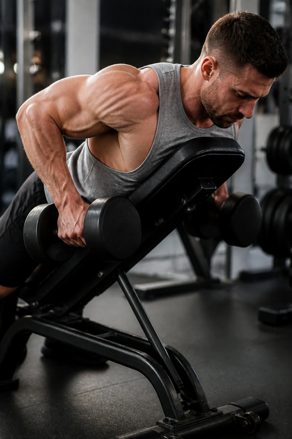 Lifter performing chest-supported rows on incline bench
