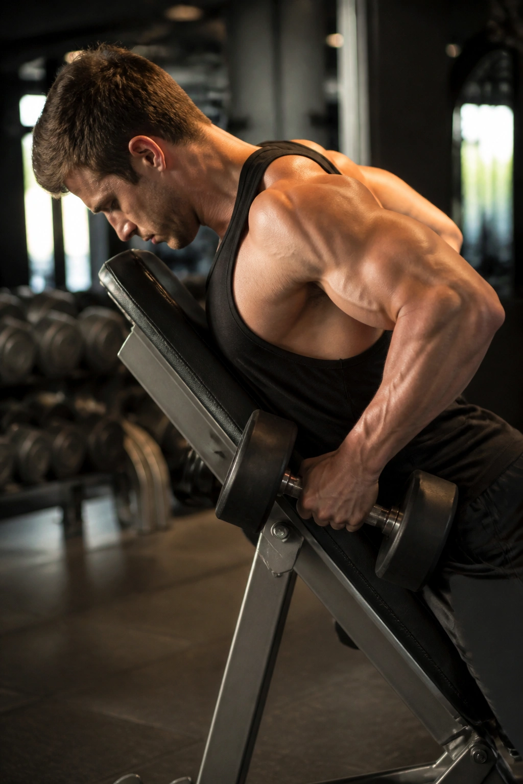 Close-up of chest-supported dumbbell rows focusing on the upper back