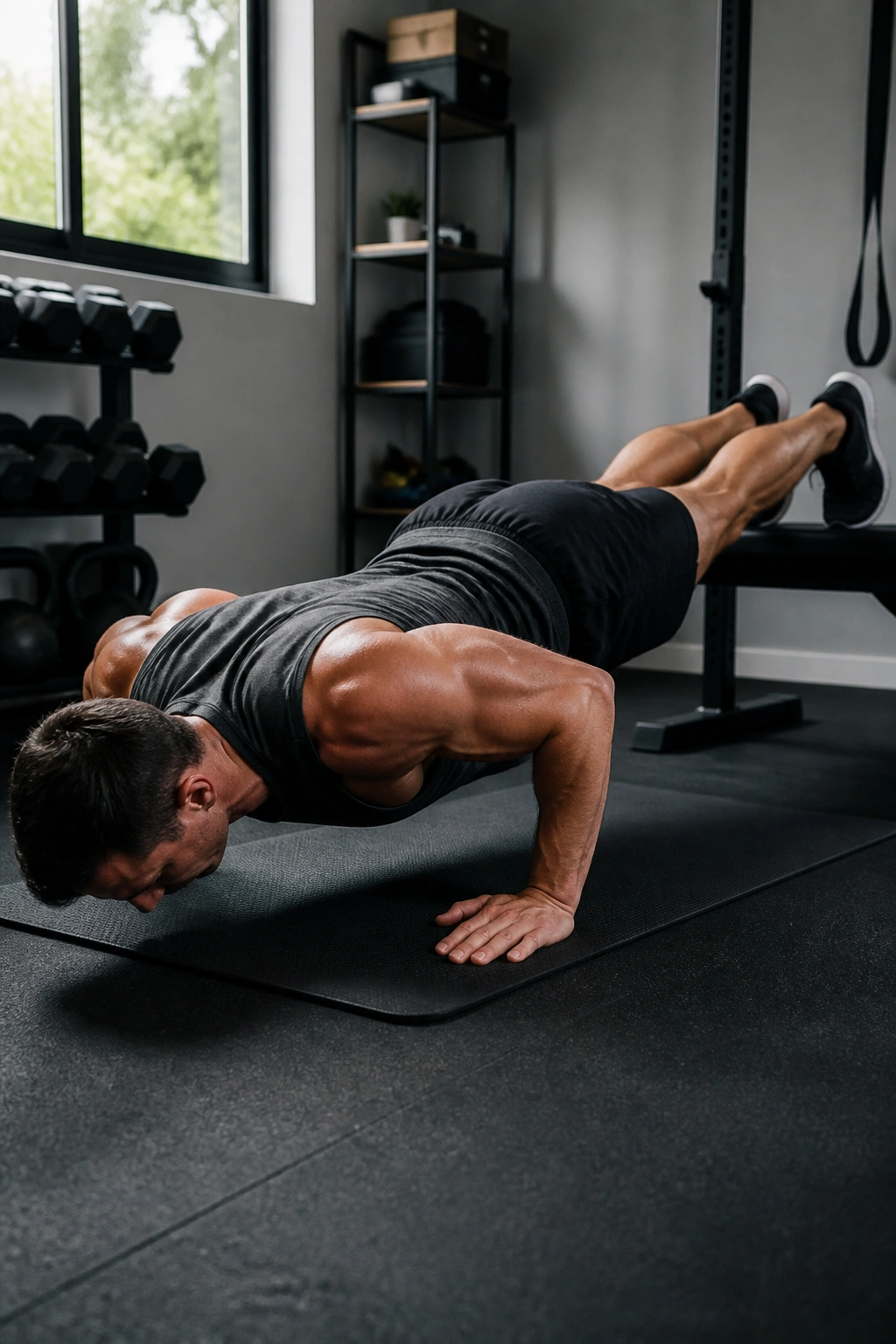 Feet-elevated push-up focusing on chest and triceps