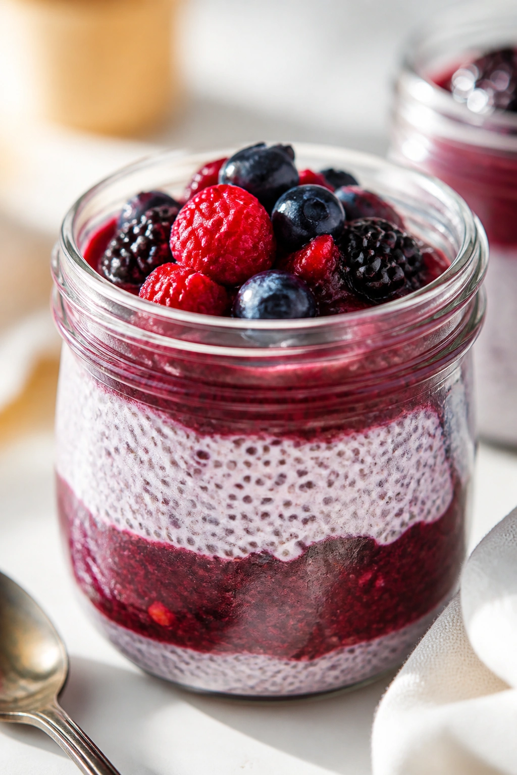 Close-up of chia berry overnight pudding in a glass jar