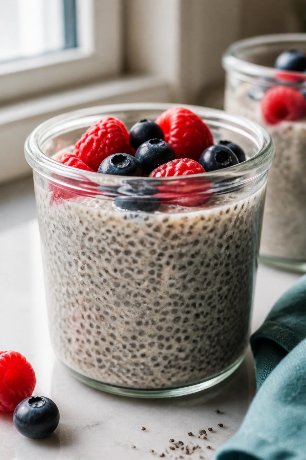 Chia pudding in a glass jar with berries on a kitchen counter