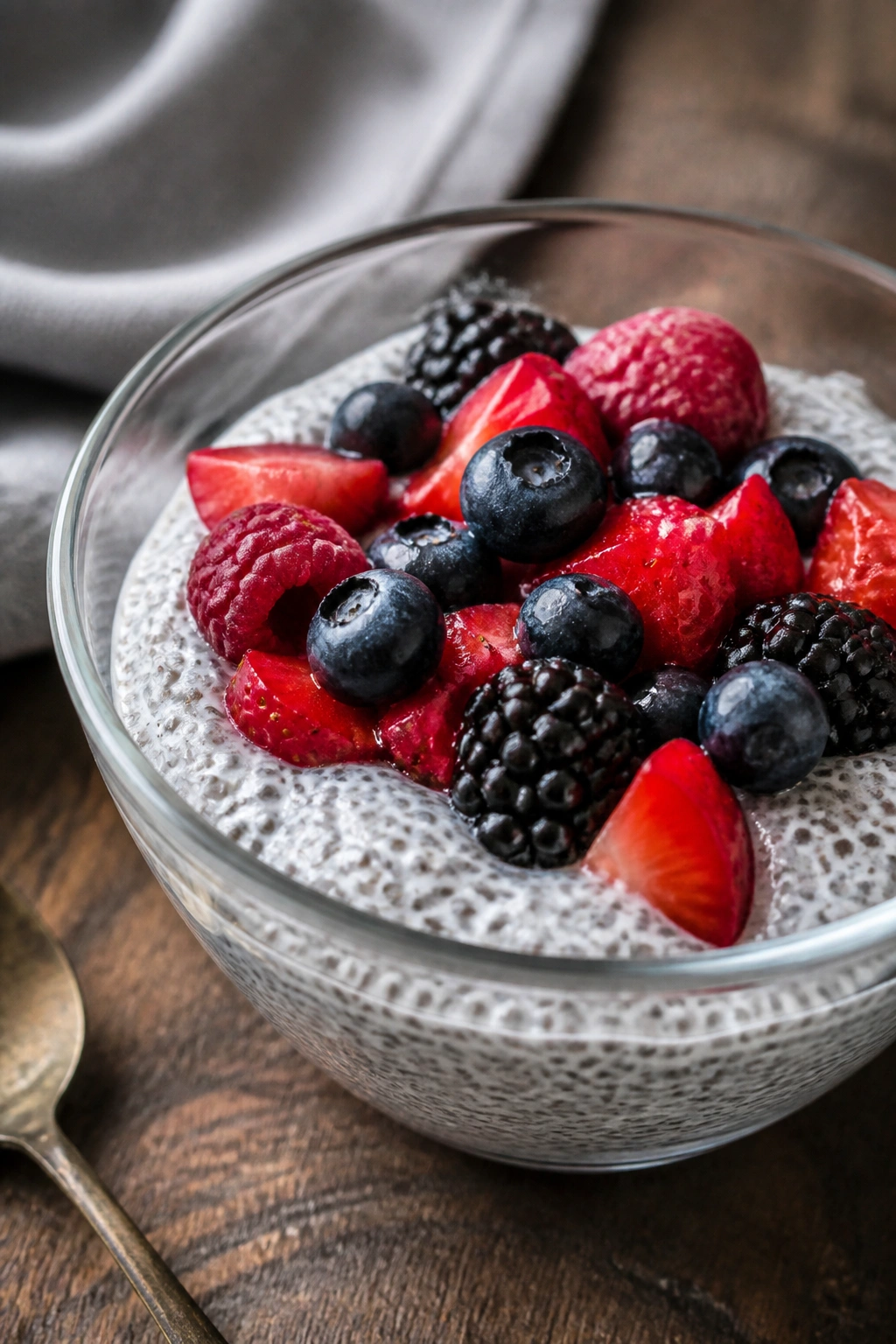 Close-up of Berry Chia Pudding in a glass bowl with berries on a wooden counter