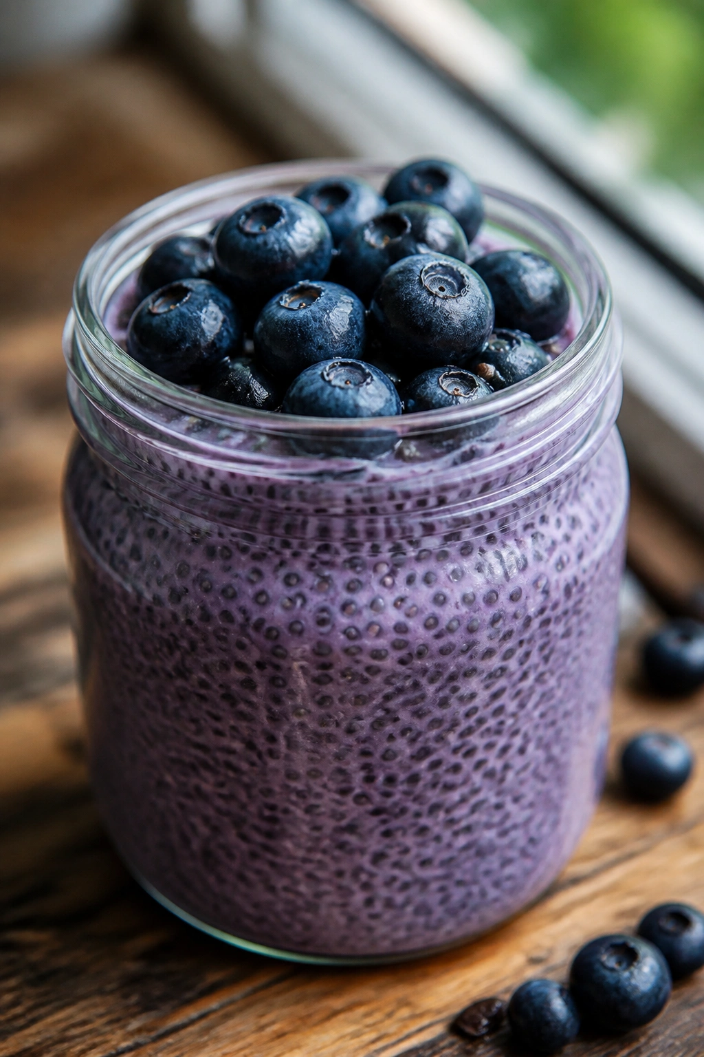 Glass jar of blueberry chia seed pudding with blueberries on top