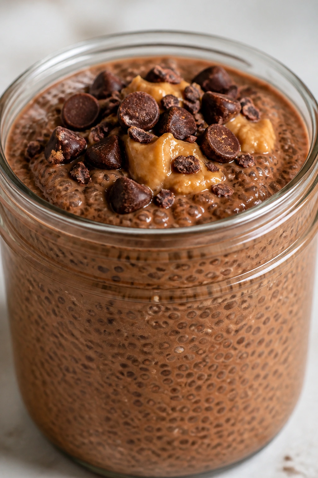 Close-up of chocolate peanut butter chia pudding in a glass jar