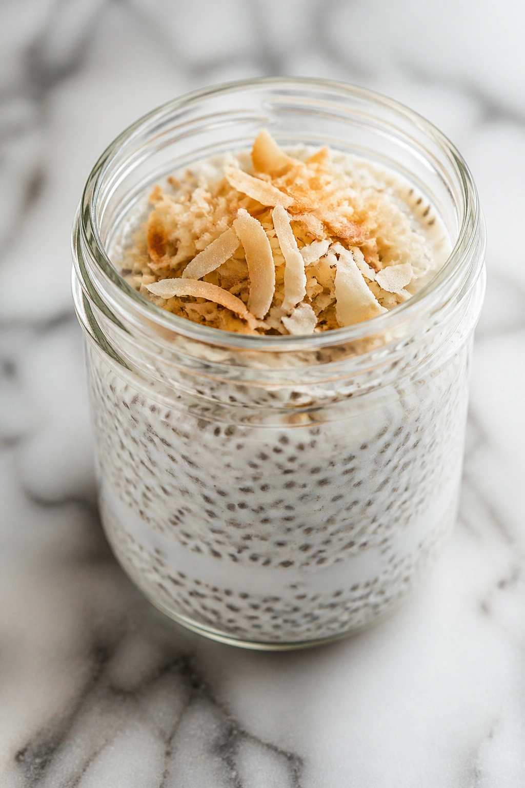 Creamy chia pudding in a glass jar on a bright kitchen counter