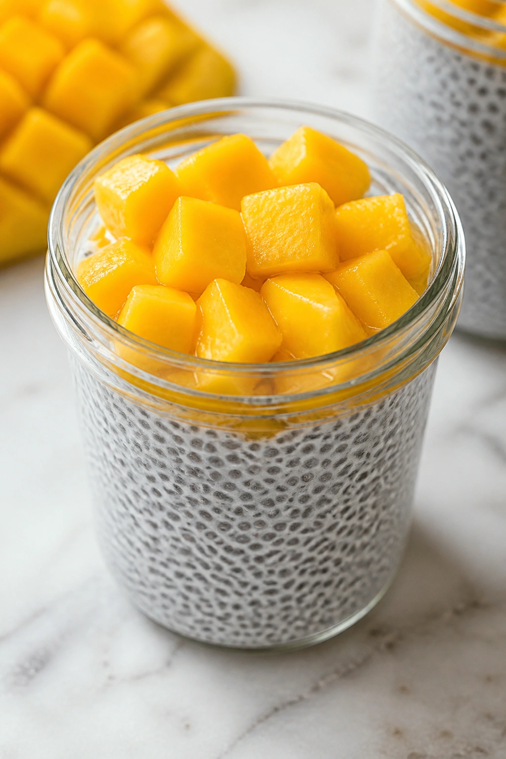 Chia pudding in a glass with mango slices on a light kitchen counter.