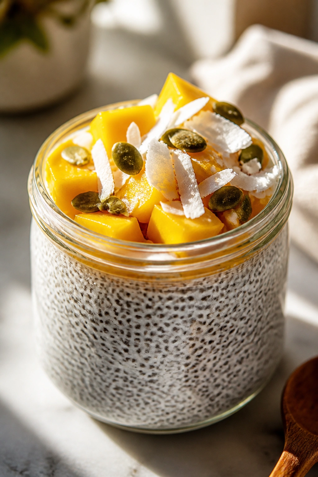 Chia pudding in a glass jar with mango and coconut on a bright counter