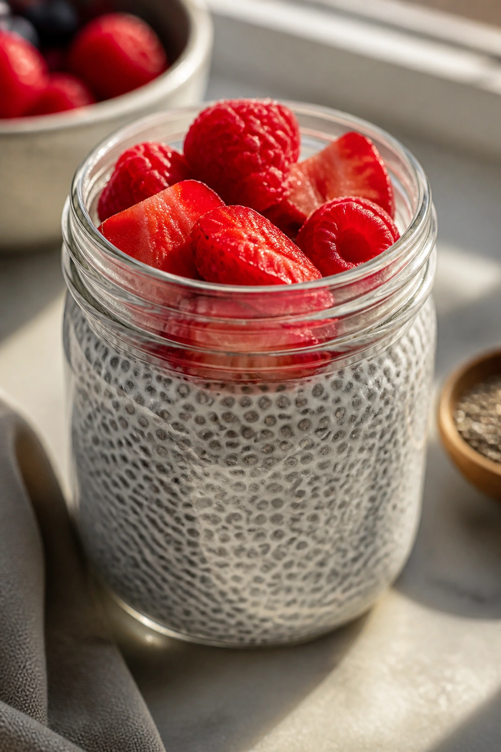 Jar of chia pudding with berry toppings