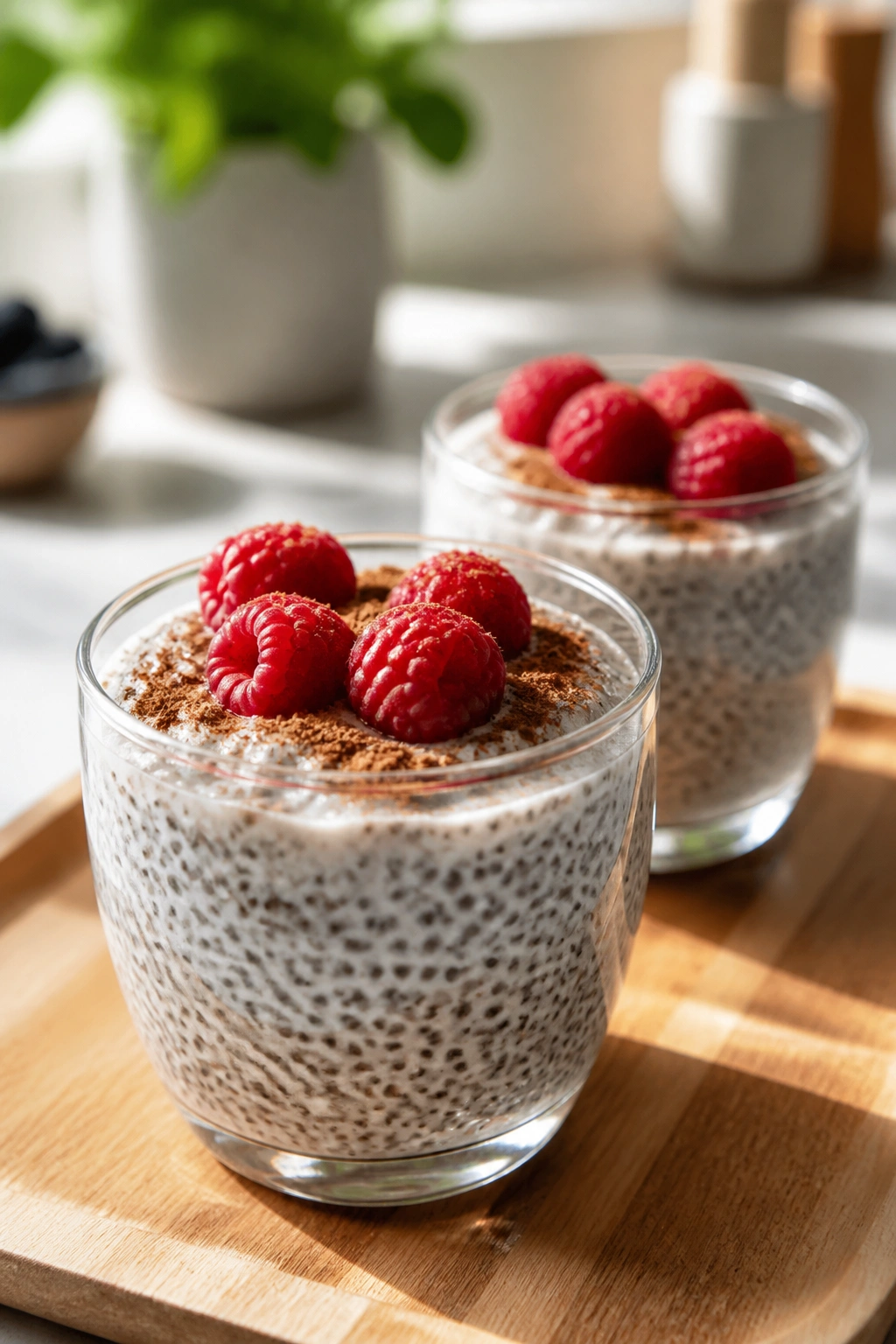 Two glass cups of chia pudding topped with raspberries on a wooden tray.