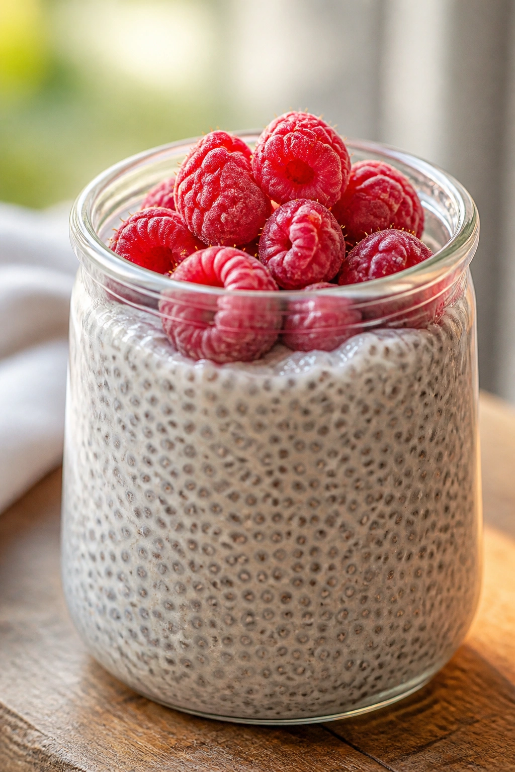 Close-up of chia seed pudding in a glass jar with raspberries