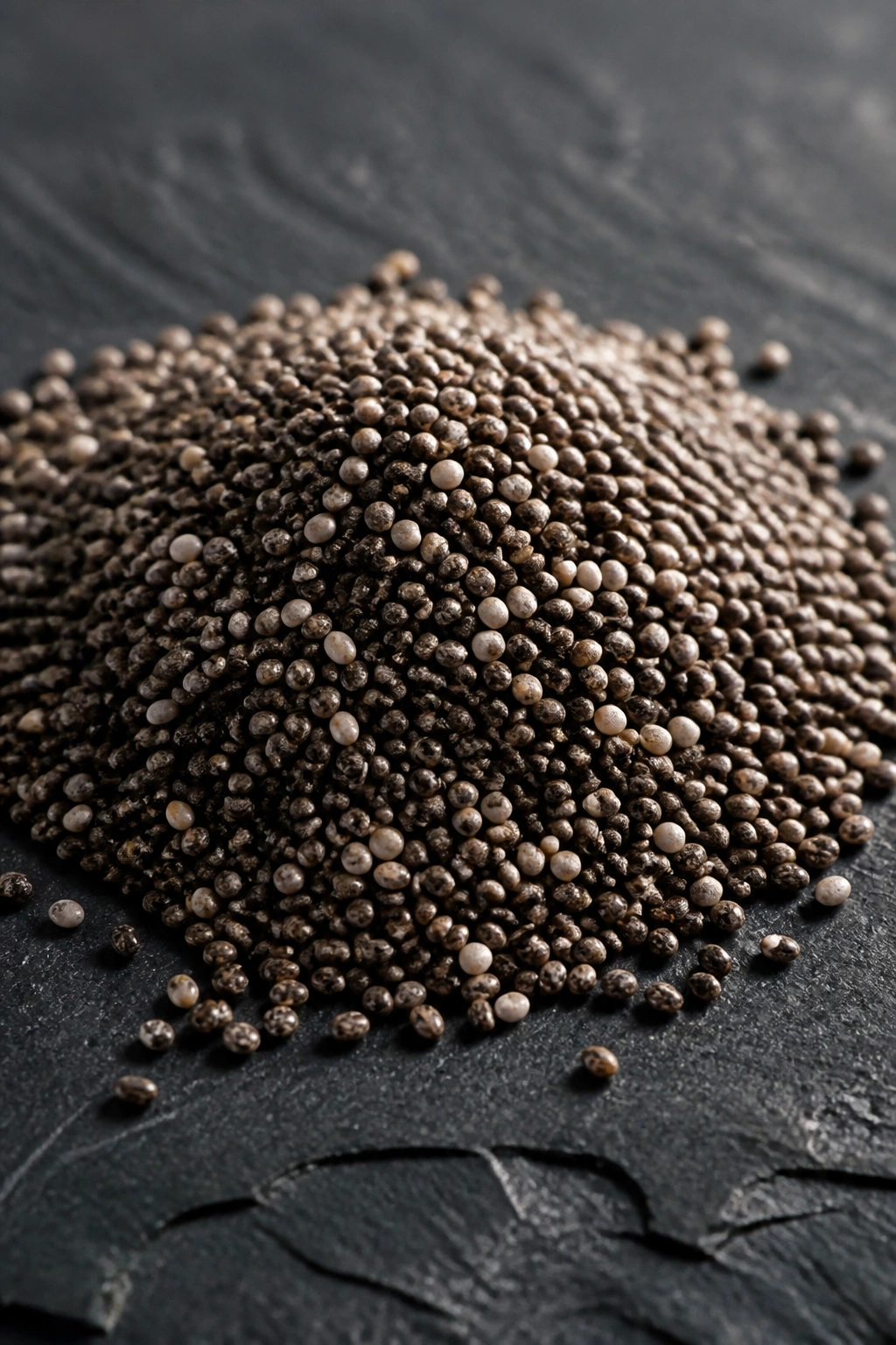 Macro close-up of chia seeds in a small mound on slate