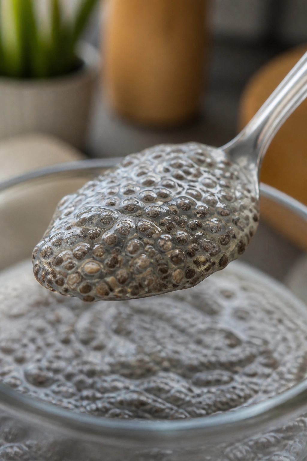 Spoonful of chia pudding with visible gelled seeds