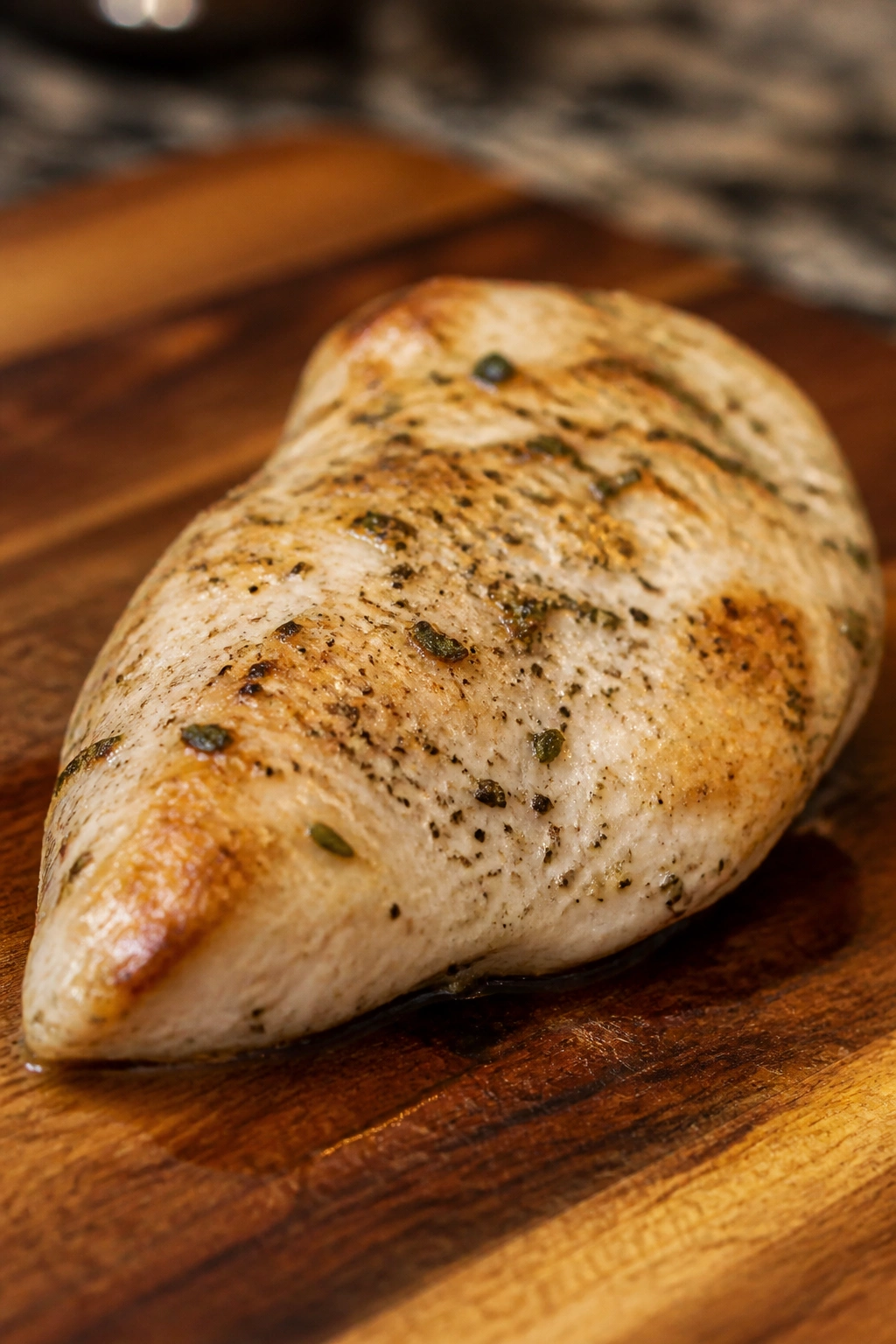 Close-up of cooked chicken breast on a cutting board in a warm kitchen