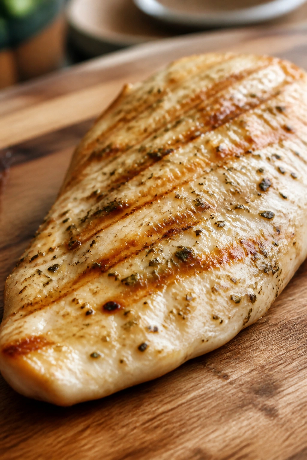 Juicy grilled chicken breast on a wooden cutting board