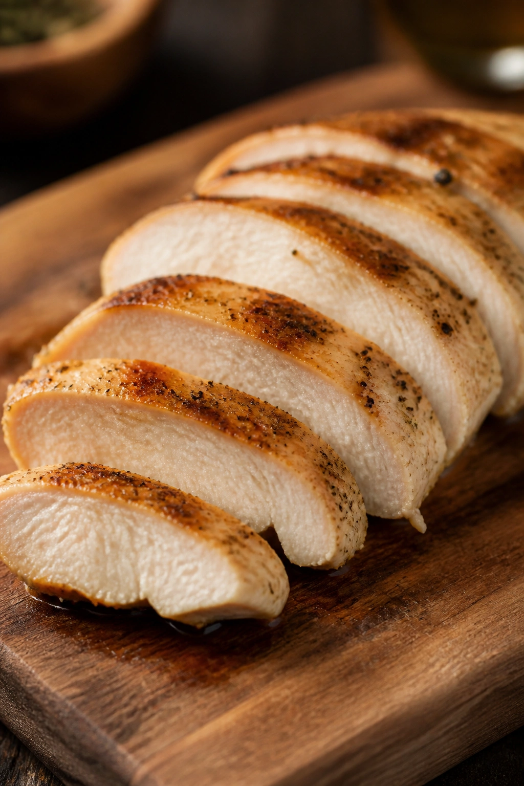 Juicy cooked chicken breast slice on wooden board