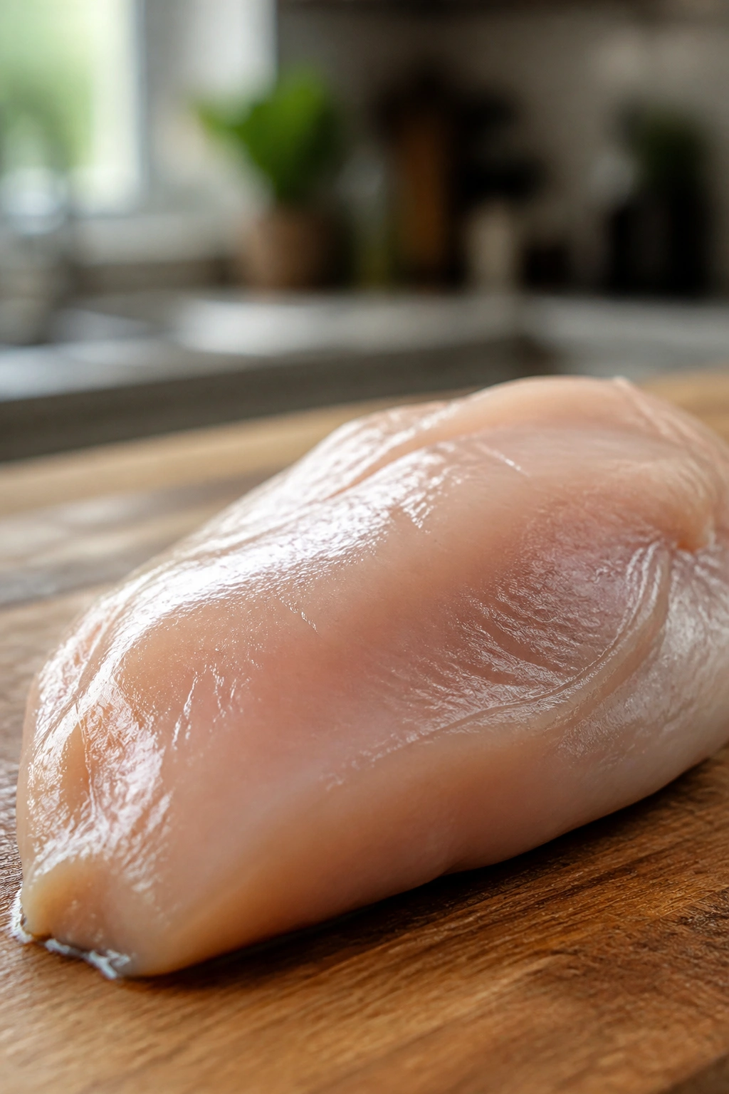 Juicy chicken breast close-up on cutting board, high-protein staple.
