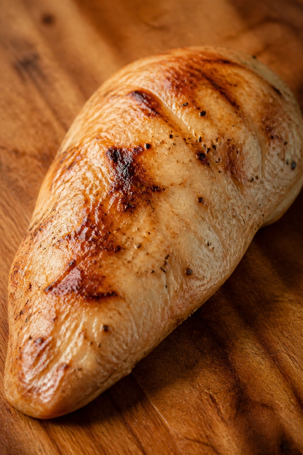 Close-up of cooked chicken breast on cutting board