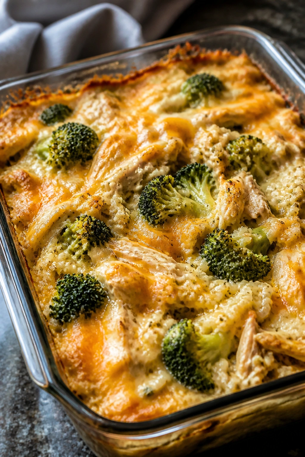 Casserole with chicken, broccoli, and rice topped with cheddar