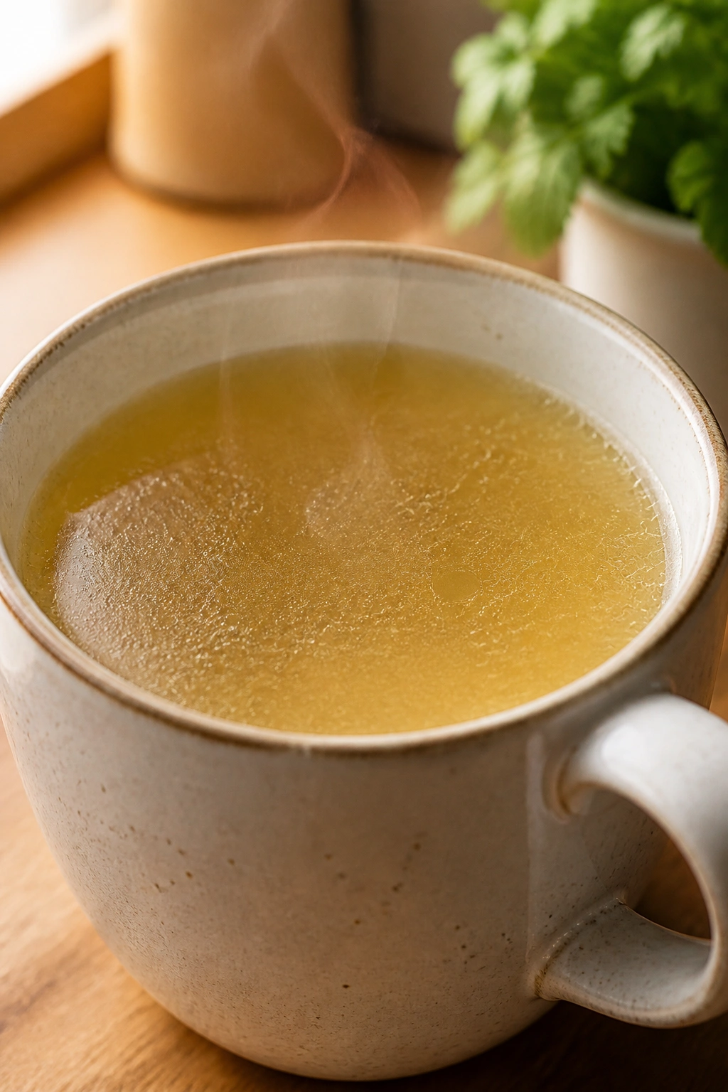 Close-up of steaming chicken broth in a mug on a wooden kitchen counter
