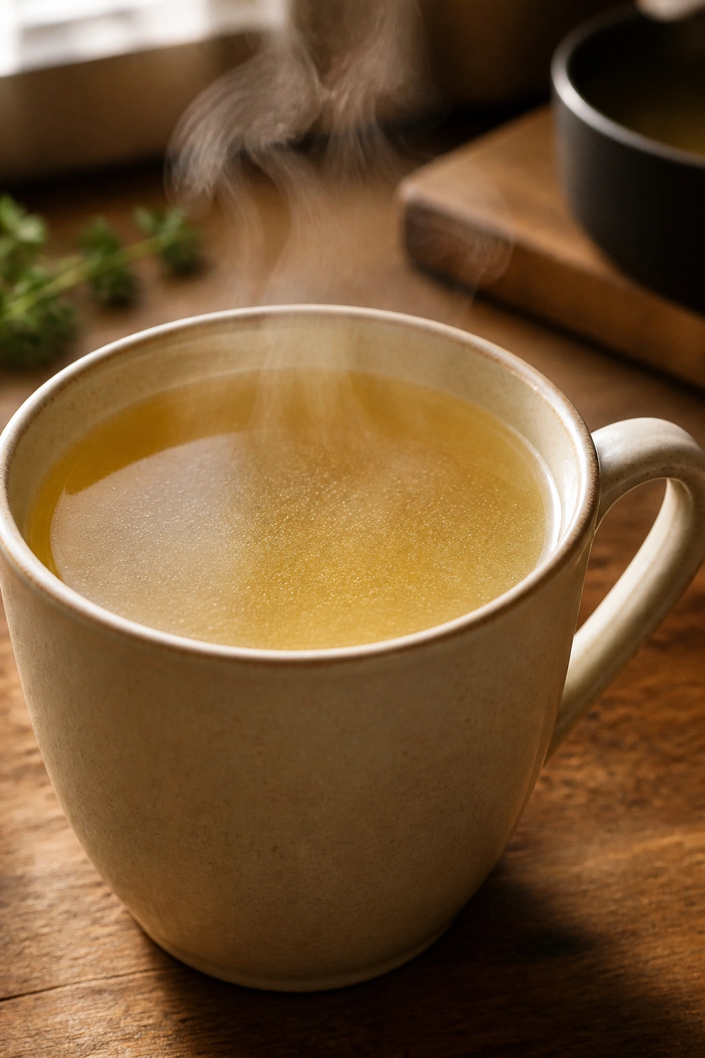 Close-up of a mug of chicken broth steaming on a wooden table