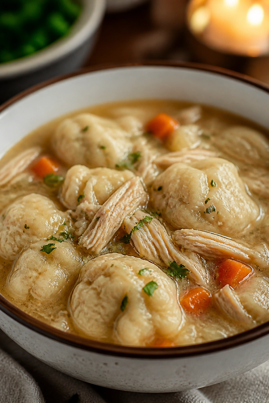 Bowl of chicken and dumplings in broth