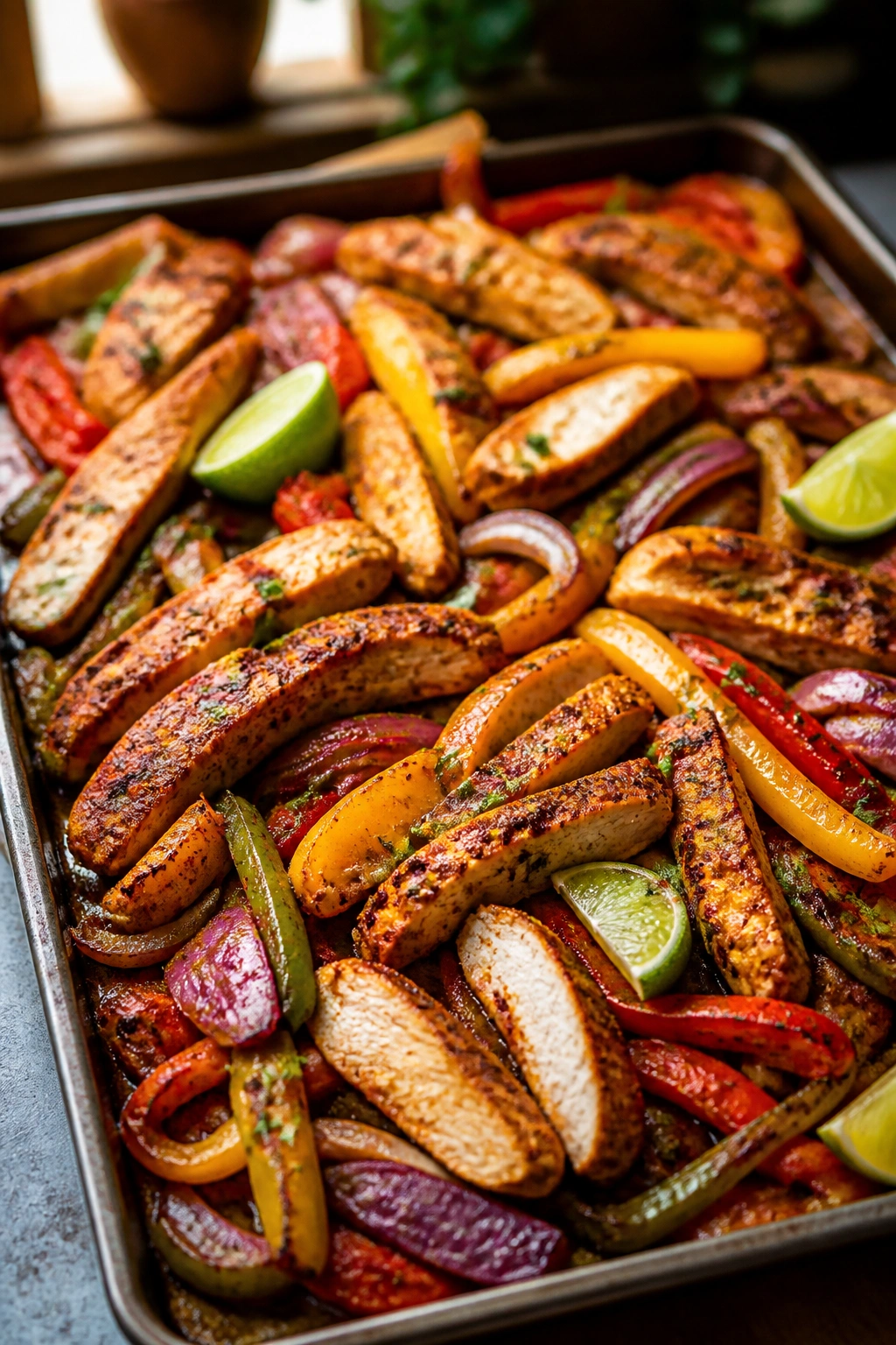 Close-up of chicken fajita mix with peppers and onions on a sheet pan
