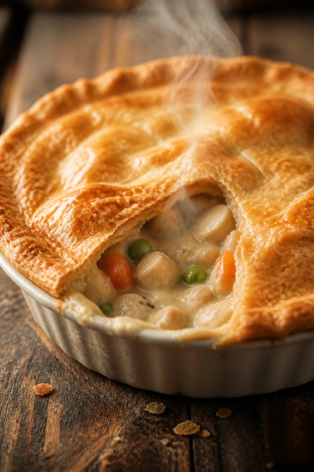 Golden crust chicken pot pie close-up on rustic table