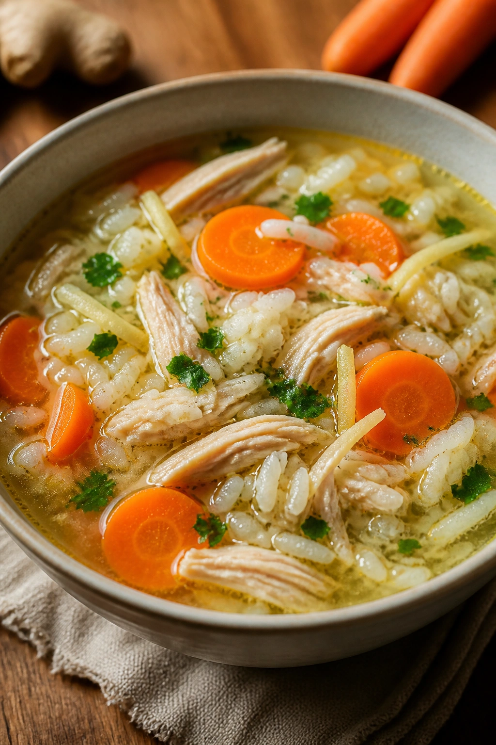 Steaming chicken rice soup with carrots and ginger in a rustic bowl