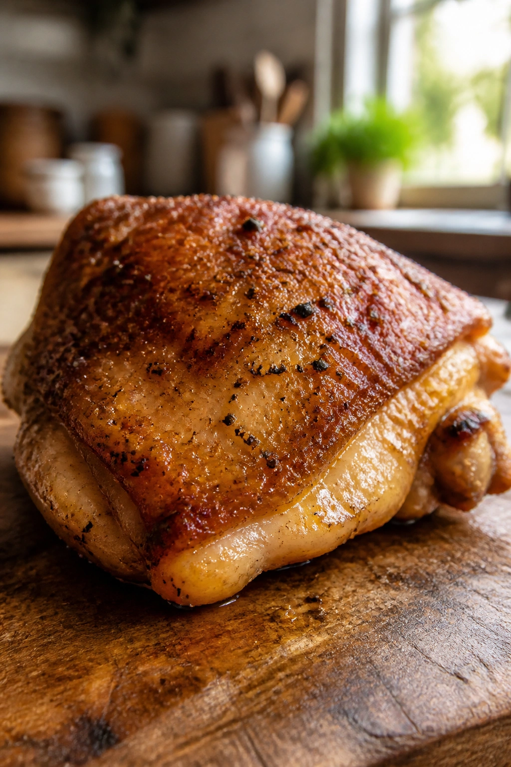 Close-up of a juicy chicken thigh on a cutting board in a sunlit kitchen