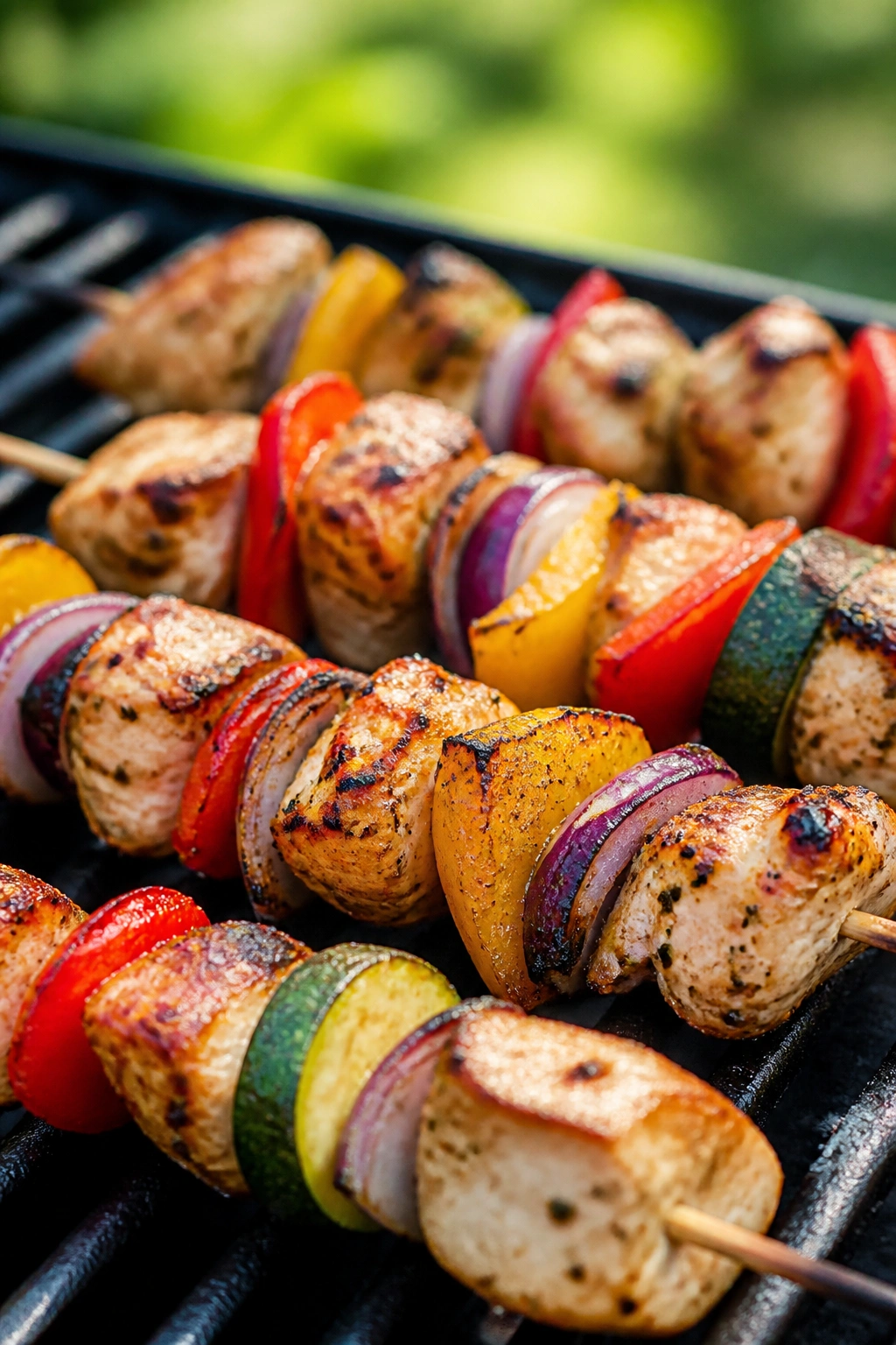 Close-up of chicken and vegetable skewers with colorful peppers