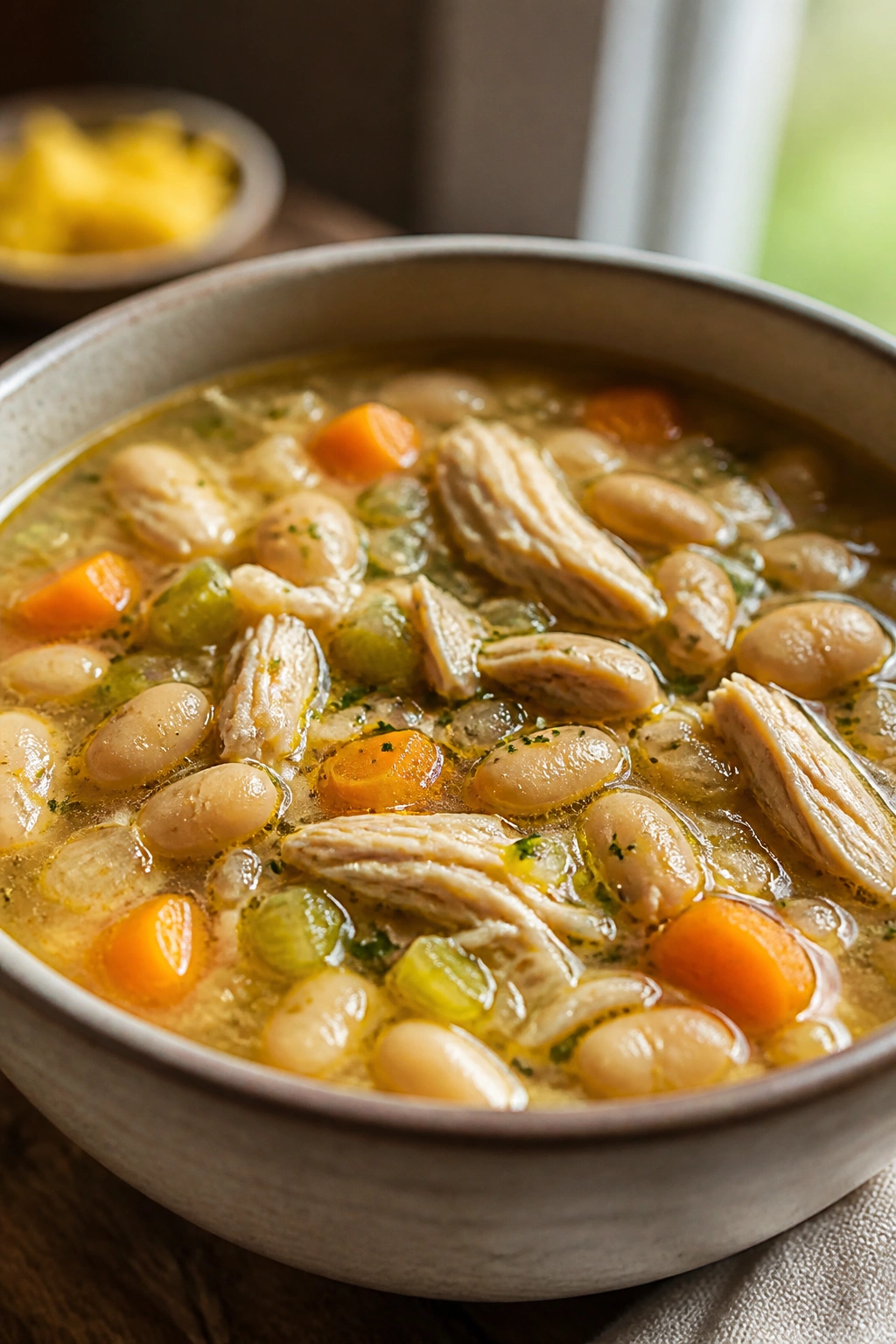 Close-up of a steaming bowl of chicken and white bean soup with chicken and beans
