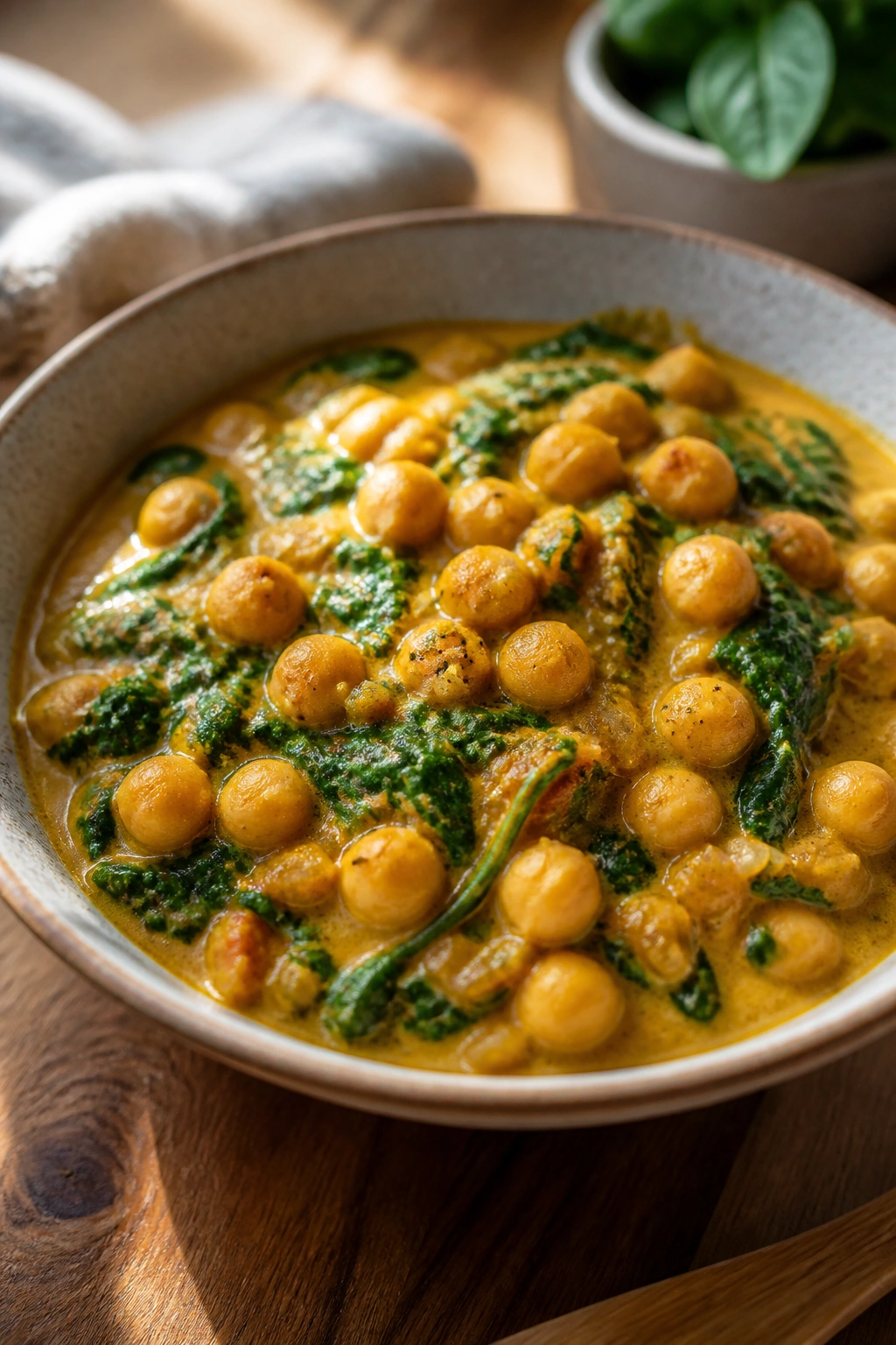 Coconut chickpea curry with spinach in a bowl on a kitchen counter