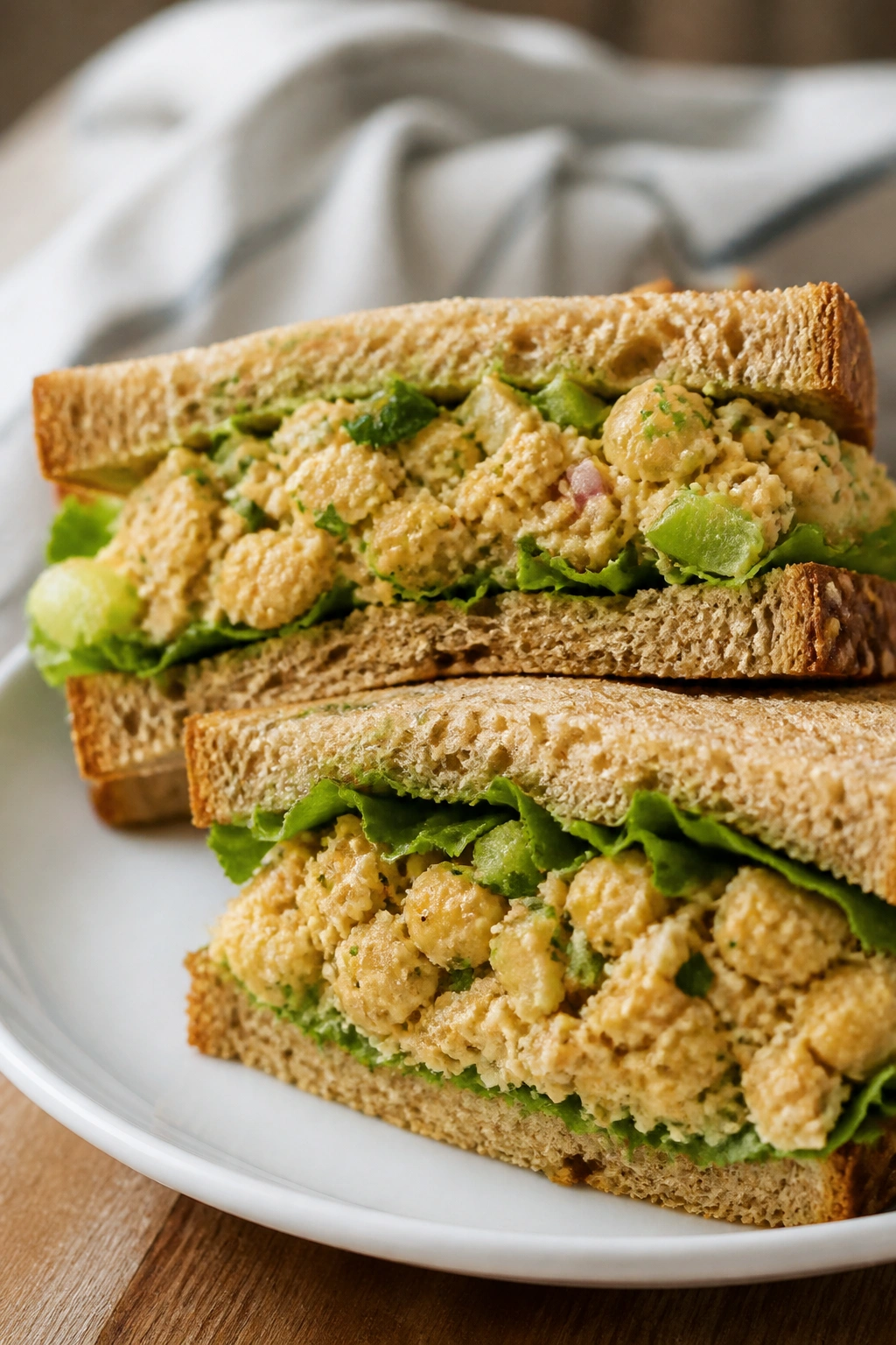 Cross-section of chickpea salad tuna sandwiches on bread on a plate