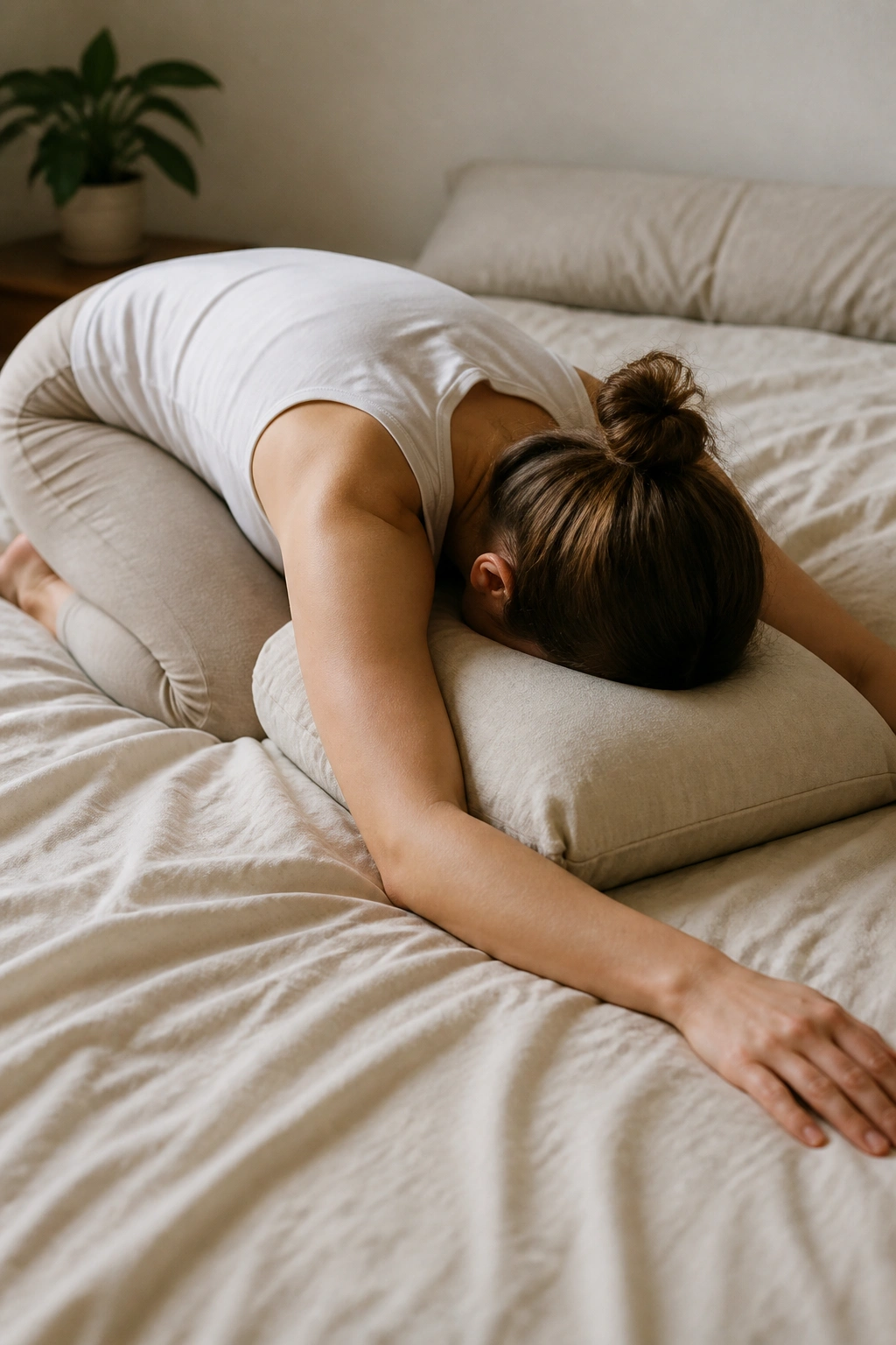 Person in Child’s Pose with pillow support on a bed.