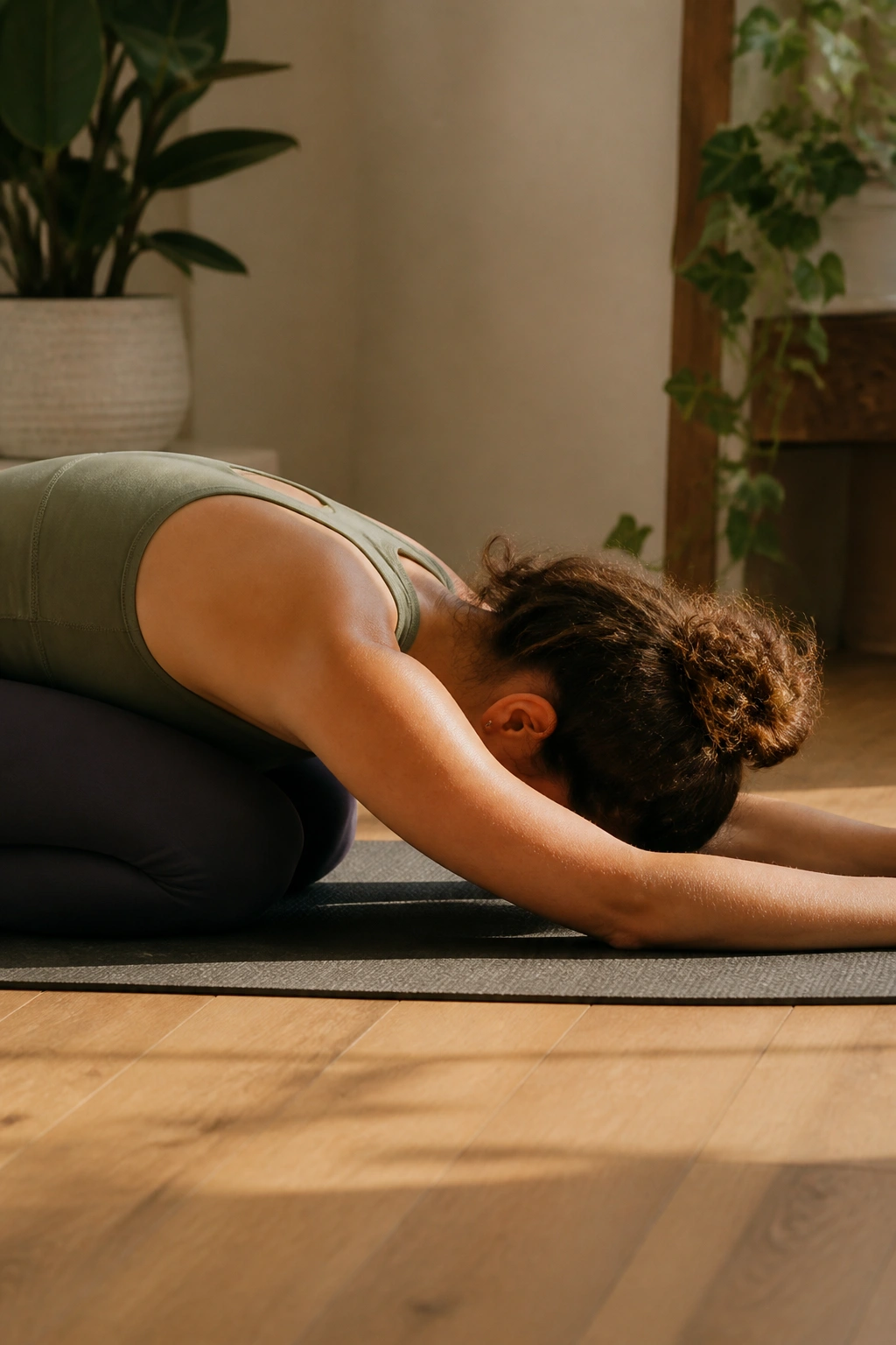 Person in Child's Pose resting forehead on mat in a cozy room