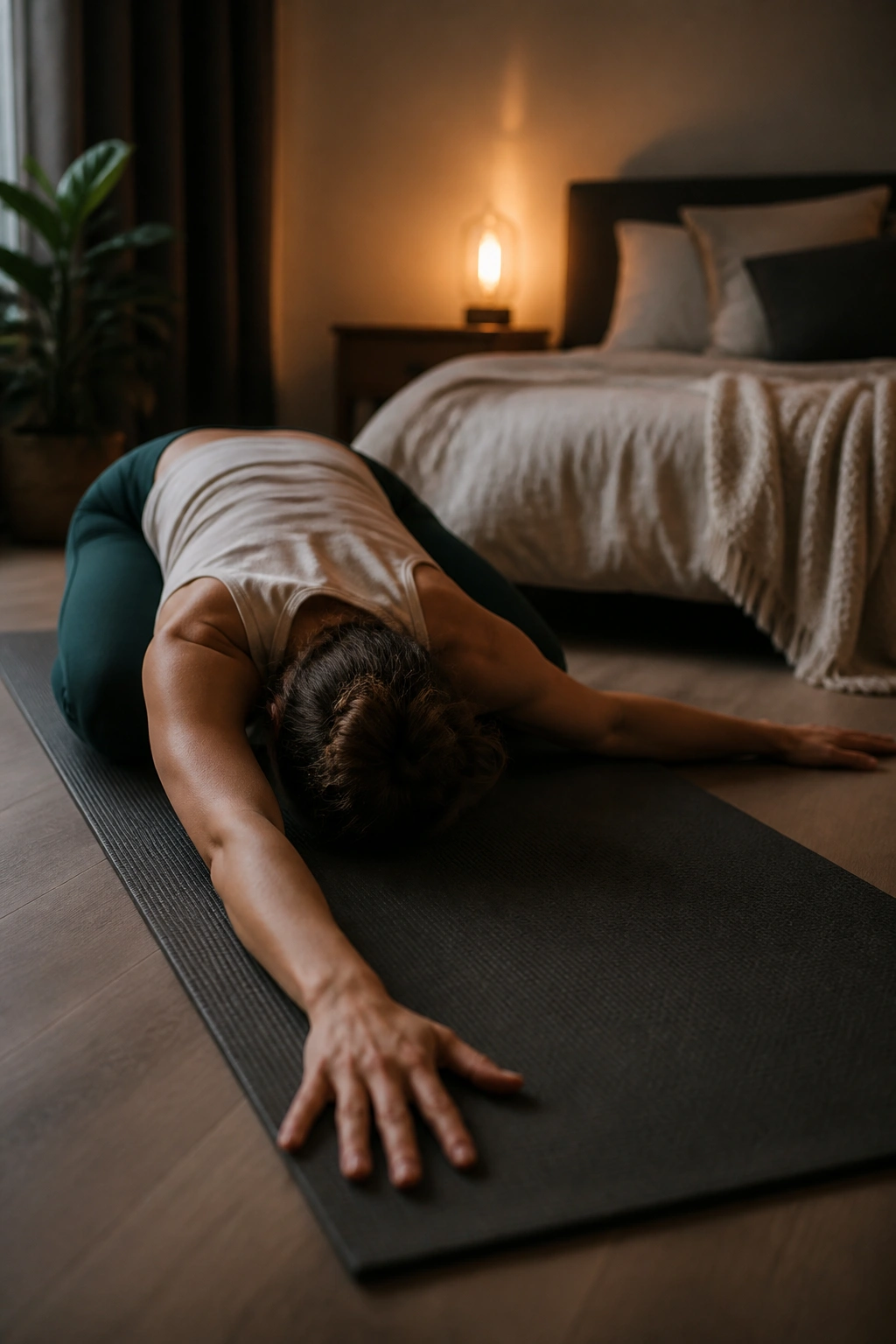 Person in Child’s Pose with a side reach to stretch the ribs in a quiet bedroom.