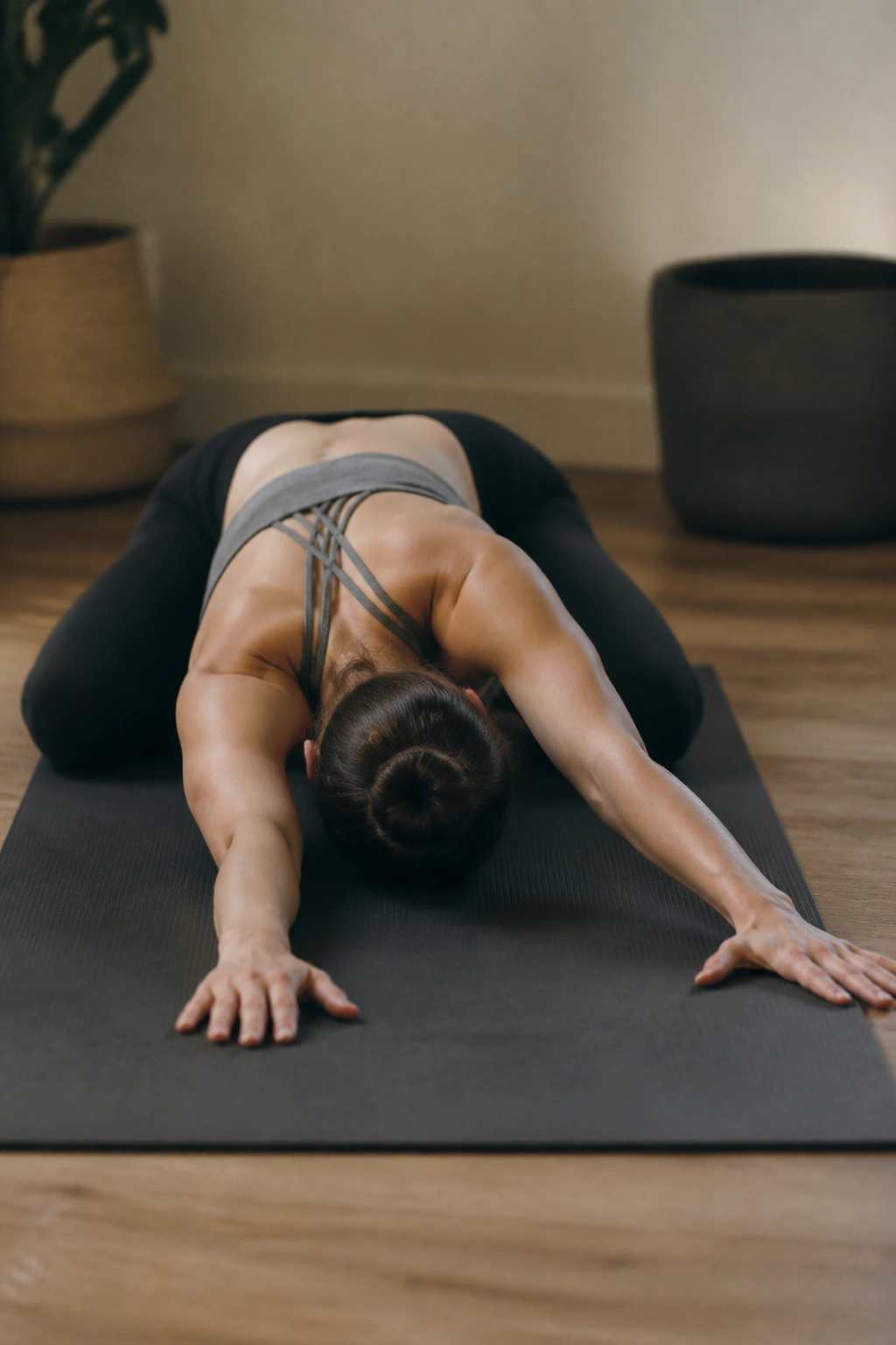 Person performing child’s pose with side reach on a yoga mat.