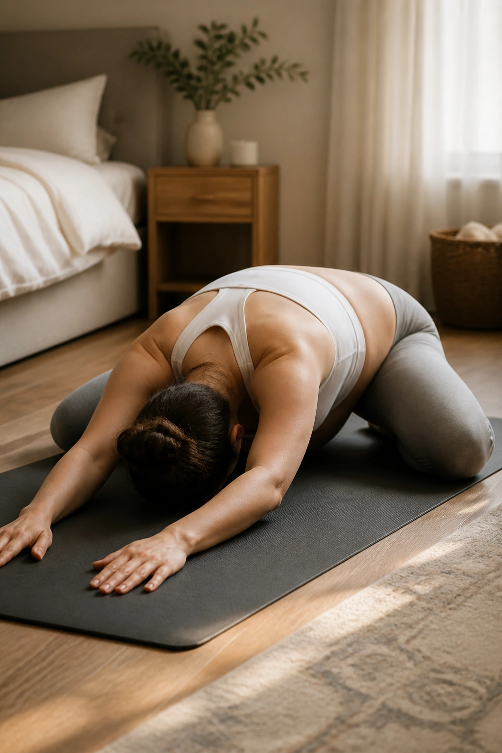 Pregnant person in Child's Pose on a mat in a calm room