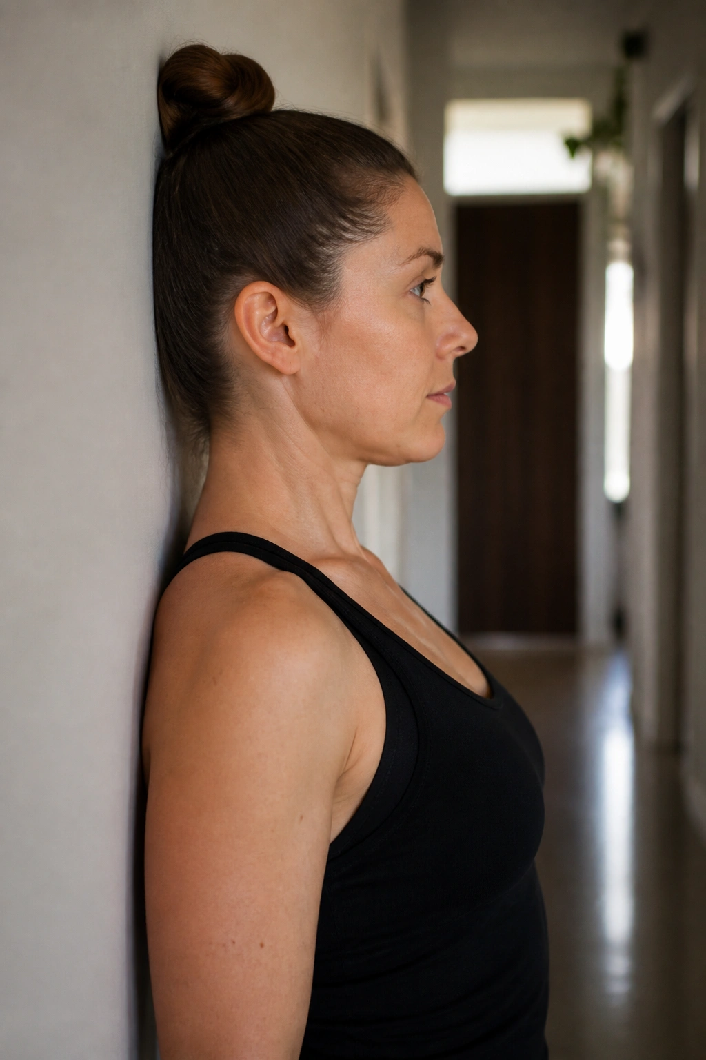 Close up of a person performing a chin tuck against a wall to correct forward head posture