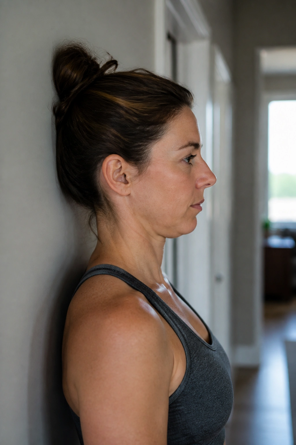 Close-up of a person performing chin tuck against a wall to improve neck posture
