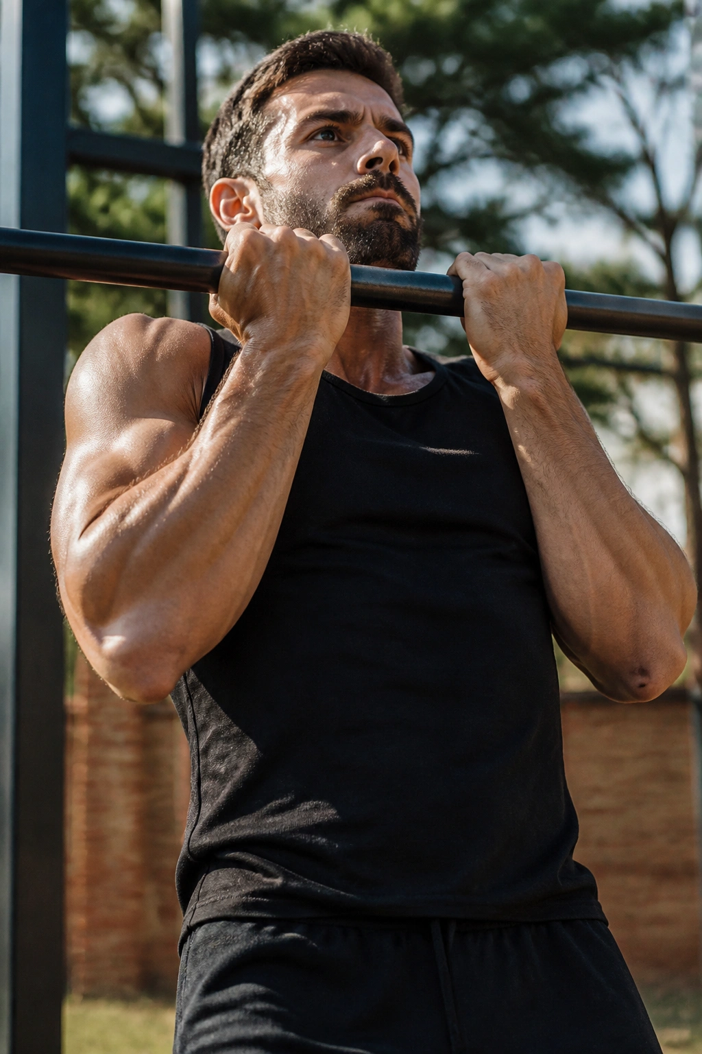 Medium close-up of a real person performing a chin-up, showing flexed biceps and bar grip