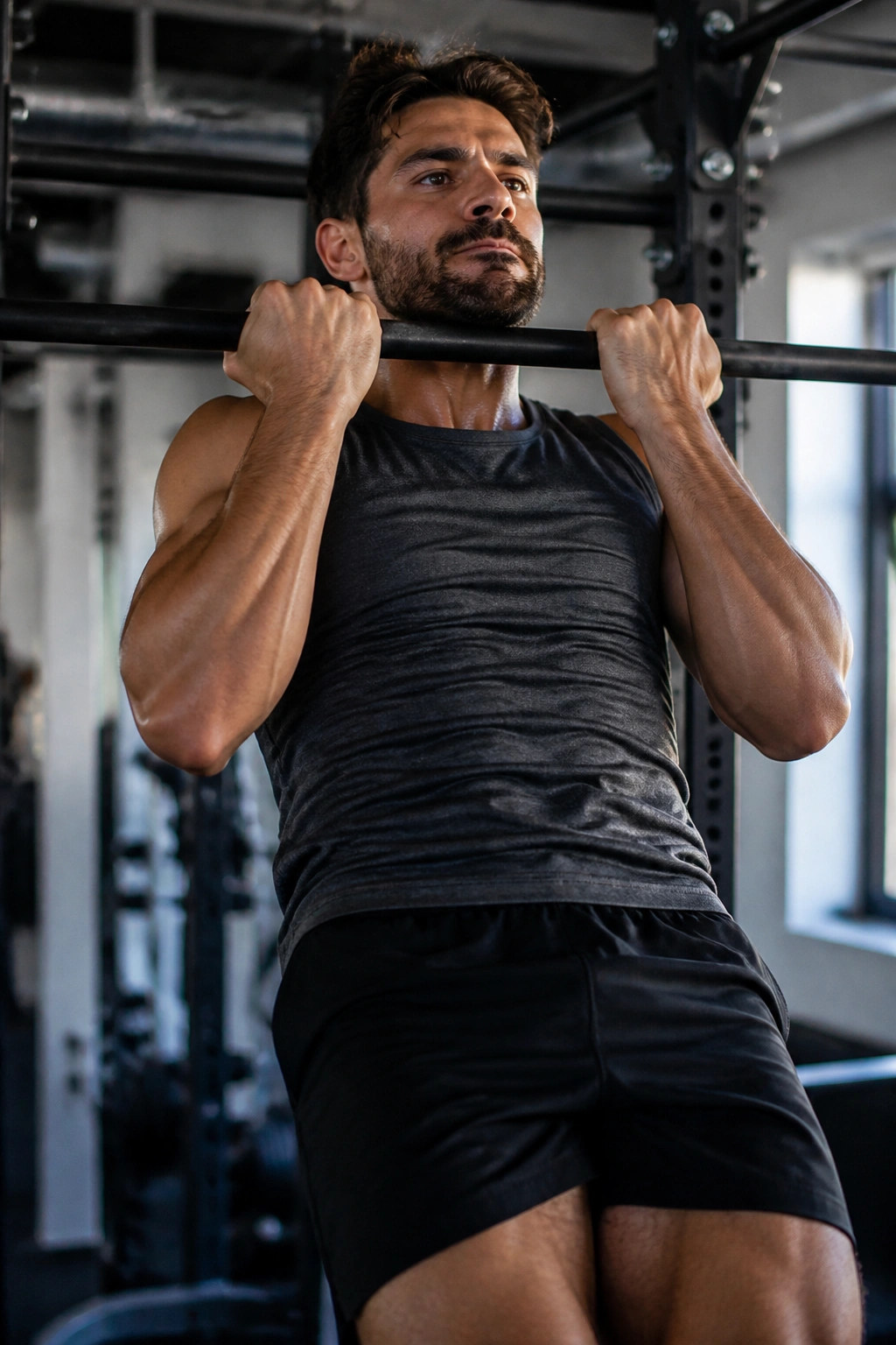 Medium close-up of a person holding chin over a bar during a chin-up hold in a gym